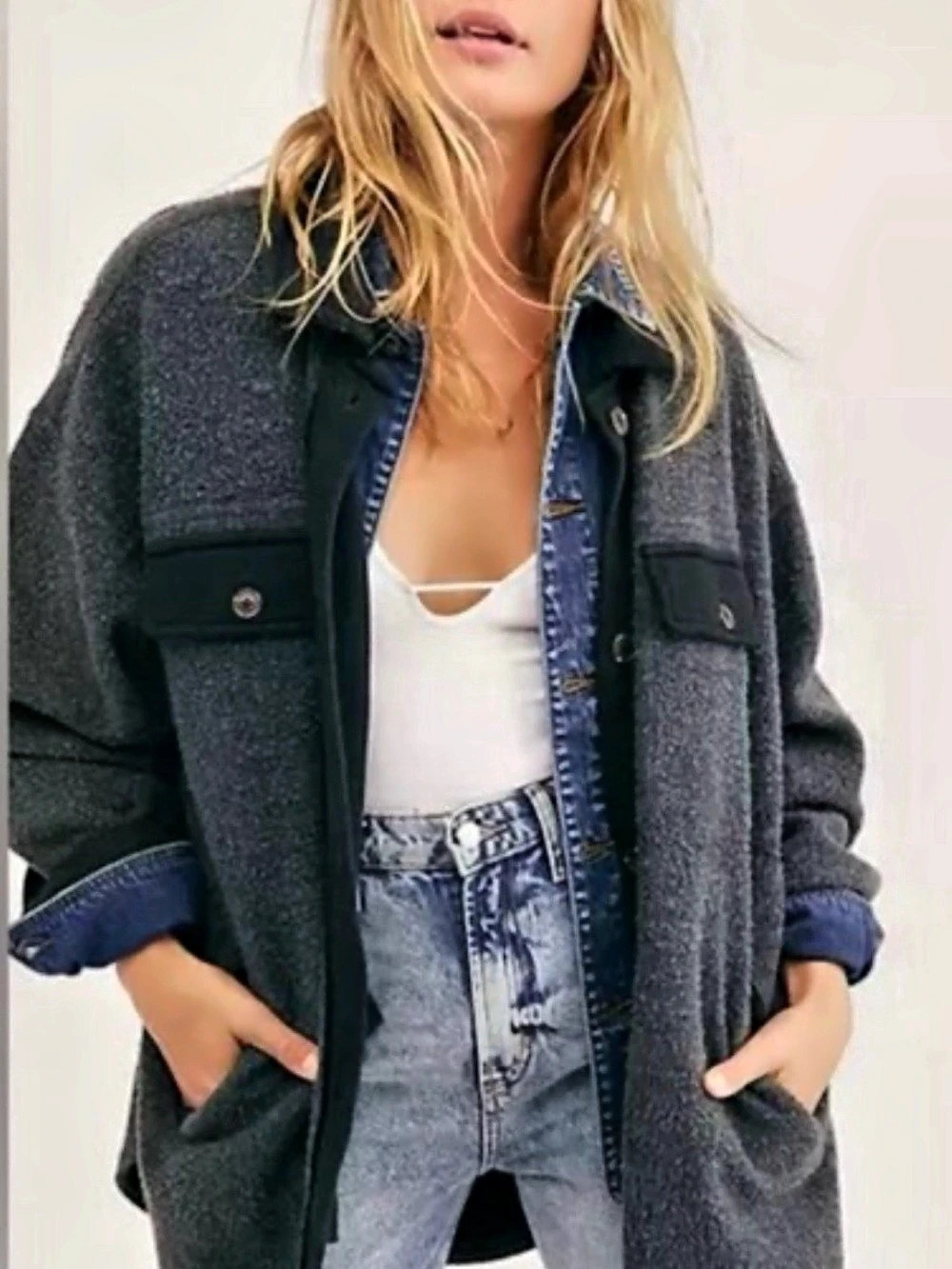Free People Ruby Shirt Jacket Gray & Black Size Small